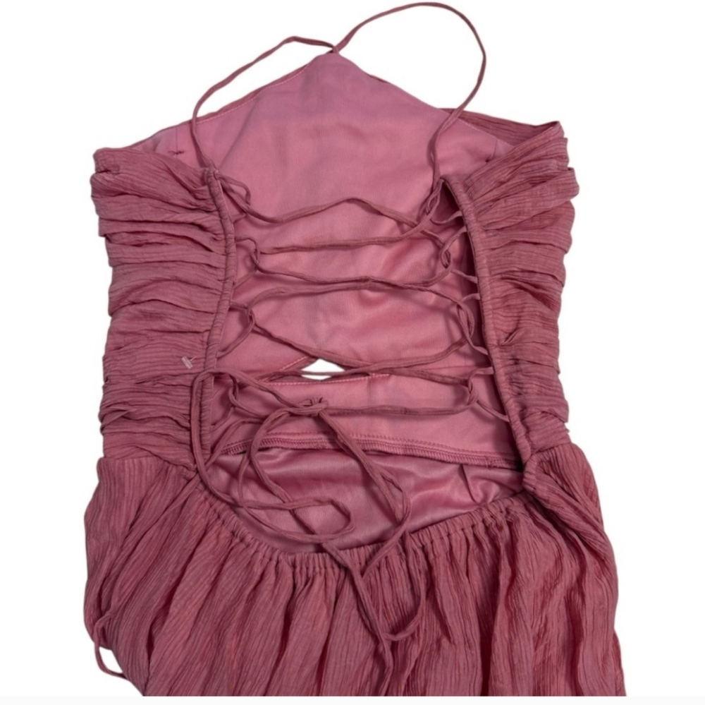 LULUS Effortless Sweetness Rusty Rose Ruched Lace-Up Tiered Midi Dress Sz XL - Picture 4 of 14